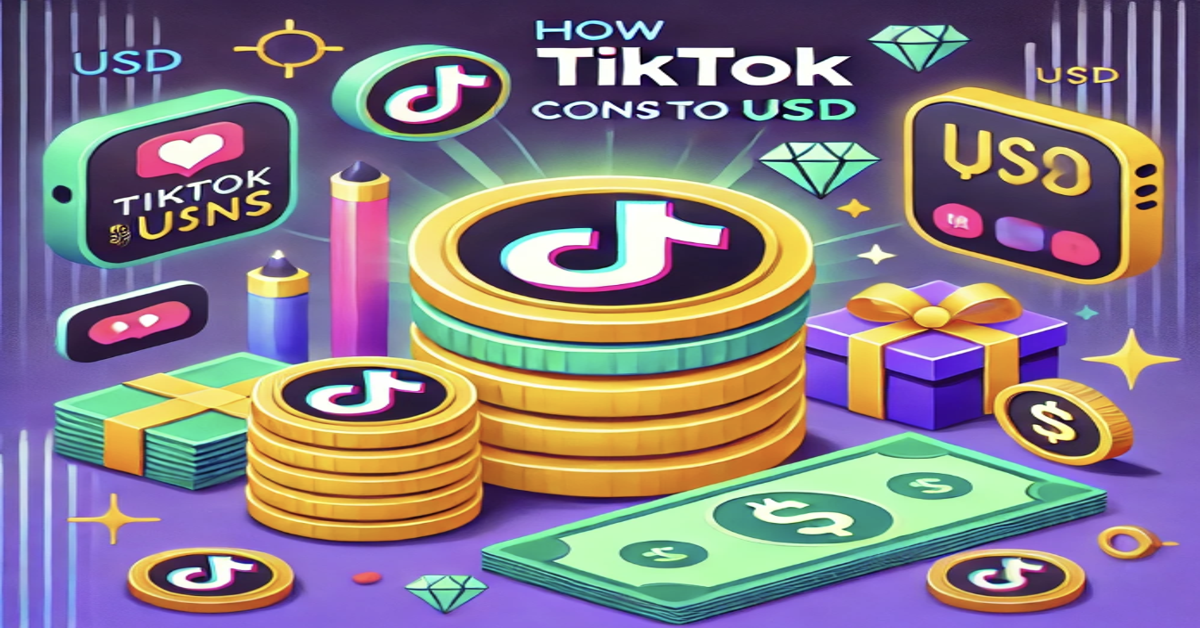 How TikTok coins convert to USD – an infographic illustrating the process of sending virtual gifts, earning diamonds, and cashing out TikTok coins for real money.